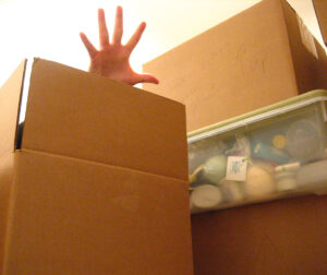 Person's hand coming out of a packing box